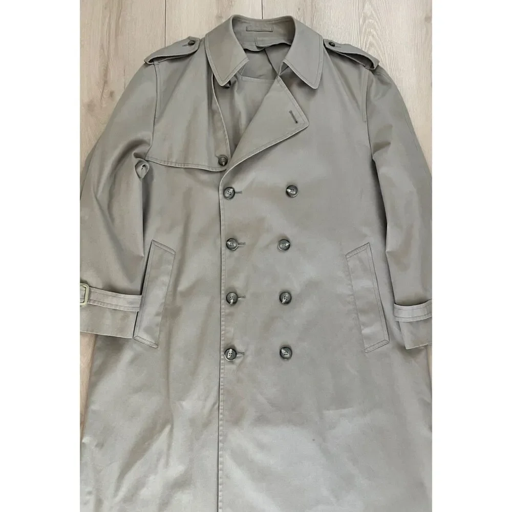 Vintage 60s London Fog Men's Size 42 Short Light Grey Khaki Classic Trench Coat